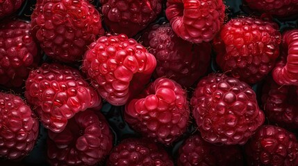 close up of raspberries, water drops raspberries, visible drops of water, overhead angle,...