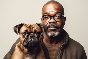 Studio portrait of mature black man with his boxer puppy dog.  Generative AI. 