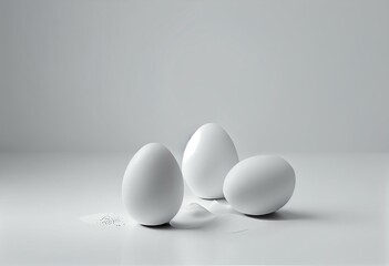 Minimalistic white eggs on a solid white background for Easter. Flat design with a simple color concept. Generative AI