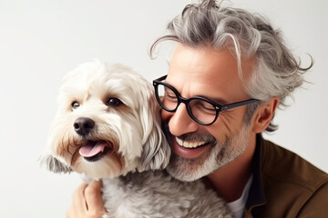 Studio portrait of mature man smiling cuddling his pet dog smiling.  Generative AI. 