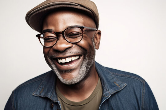 Portrait of mature black man laughing in studio. Generative AI. 