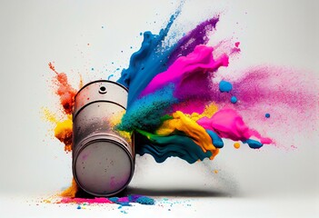 Rainbow paint spray can creates explosion of color powder on white background. Graffiti, industry concept. Generative AI