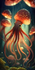 Cute Hovering Red Slender Octopus Mushrooms: A Whimsical Portrait of a Colorful Underwater World