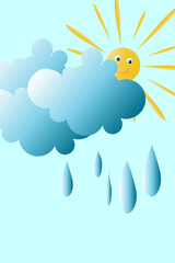 Clouds with falling rain and a merry sun peeking out against the sky. Vector children's drawing, postcard