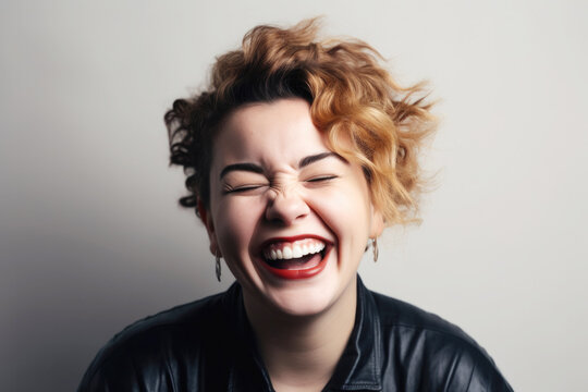 Portrait of young woman laughing, studio portrait. Generative AI. 