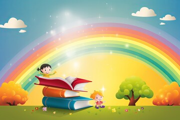 cartoon cute kid reading a book on stack of books