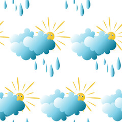 Clouds with falling rain and a merry sun peeking out. Childish vector seamless pattern