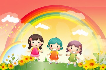 Obraz na płótnie Canvas Cartoon scene with 3 cute children in the garden and rainbow