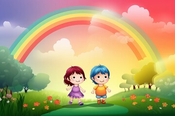 Obraz na płótnie Canvas Cartoon scene with 3 cute children in the garden and rainbow