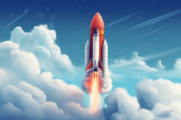 cartoon space rocket flying to the clouds