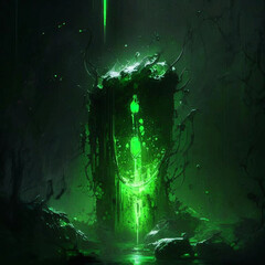 Green pillar column with alien green light, space world, another planet. Generative AI.