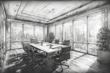 modern conference room with panoramic city view. Generative AI