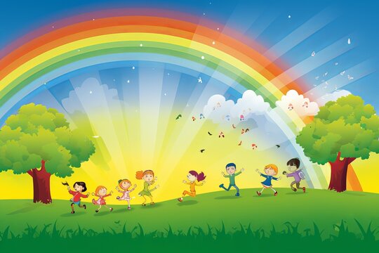 Many cartoon kids playing in garden with rainbow