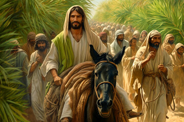 Jesus christ riding a donkey into jerusalem.Ai generativ.