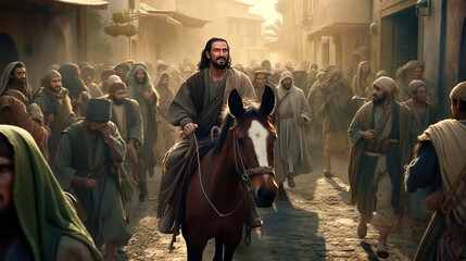 Jesus christ riding a donkey into jerusalem.Ai generativ.