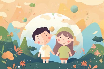 world childrens day flat girl and boy cartoon