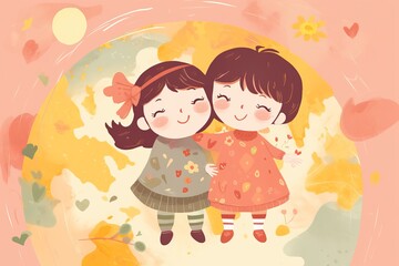 world childrens day flat girl and boy cartoon