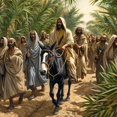 Jesus christ riding a donkey into jerusalem.Ai generativ.