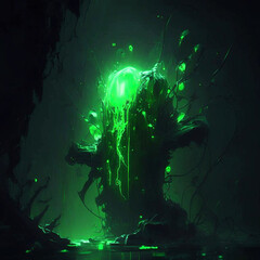 Obraz premium Green pillar column with alien green light, space world, another planet. Generative AI.