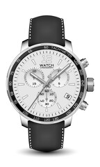Realistic watch clock chronograph silver leather strap black on white design classic luxury vector