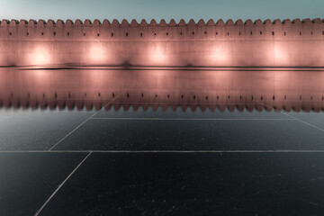 Ancient Fortress Wall with modern fountain, Qasr Al Muwaiji, Al Ain, UAE, Jan.2018