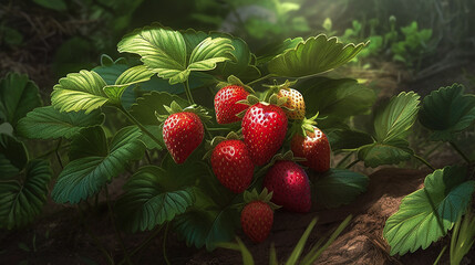  Strawberry fruit hanging on a bush. AI generativ.
