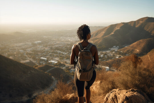 Young Black Woman Hiking In Hills Above Los Angeles, California Looking At View. Generative AI. 