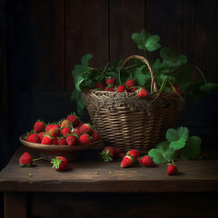 Strawberry fruits in a basket on a rustic table. AI generativ
