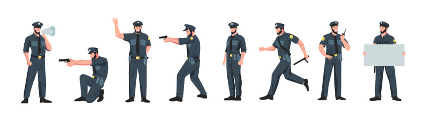 Policeman characters. Cartoon police officer in different poses, cartoon patrol cop and guard person in uniform doing security justice job. Vector set