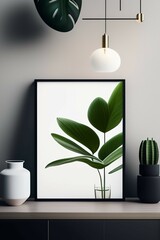 frame mockup in modern minimalist interior with plant in trendy vase on white wall background, Template for artwork, painting, photo or poster