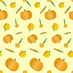 Seamless pattern of yellow vegetables. Healthy food background. Pumpkins, onions, bell peppers, carrots. Organic, fresh, delicious vegetables. Flat vector illustration.