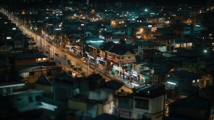 Fototapeta na wymiar Nighttime Ambience: A Quiet Town Illuminated by Sparse Lights