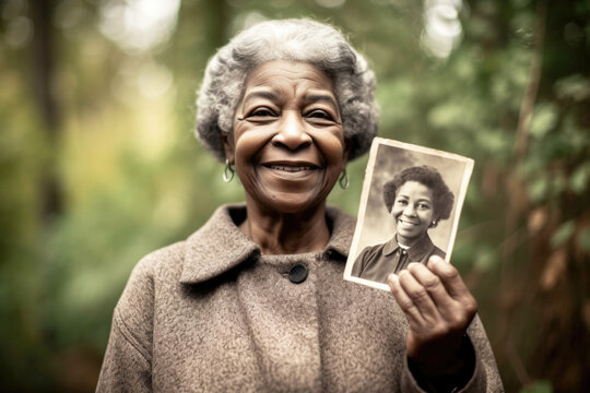 Happy senior black woman holding up an old photo of herself when she was young outdoors. 