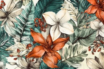 colorful flowers and leaves on a blank white background. Generative AI