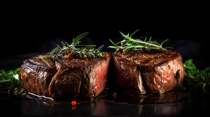 grilled beef fillet steaks with herbs and spices on dark background. Generative Ai