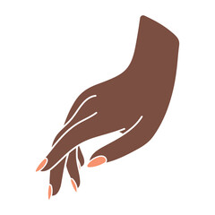 Female hand in relaxed pose. Beautiful arm of black woman. Reaches for something. Palm down perspective. Delicate minimalist illustration in boho style. Fashionable manicure. Non-verbal gesture.