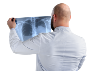 Doctor examining x-ray isolated on white