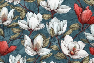 White and Red Flowers on Blue Background. Generative AI