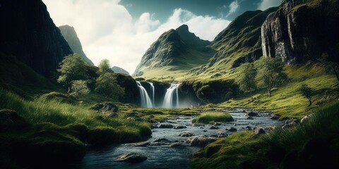 Lush Green Valley: Majestic Waterfall Amidst Nature's Beauty