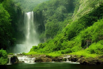 Naklejka na ściany i meble Lush Green Valley: Captivating Large Waterfall