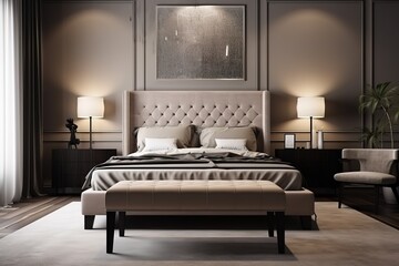 Luxury bedroom in light colours with golden furniture details. Big comfortable double royal bed in elegant classic interior, Generative AI
