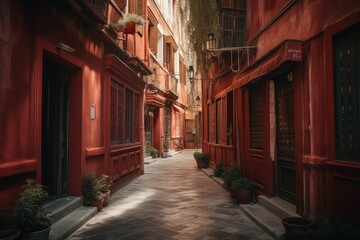 Narrow Street with Striking Red Buildings in the Center of the Frame