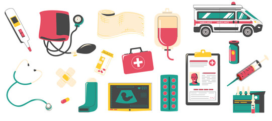 Medical tools set. Doodle drug store hospital supplies, pharmaceutical equipment and pills, cartoon first aid elements. Vector collection