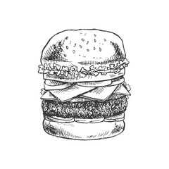 Hand-drawn sketch of great delicious sandwich, burger, hamburger isolated on white background. Fast food vintage illustration. Element for the design of labels, packaging and postcards.