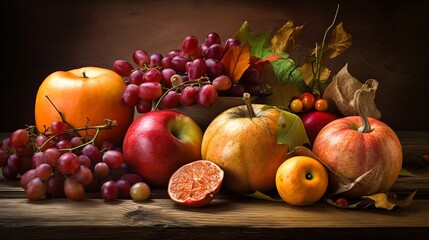 Autumn seasonal fruits and vegetables set. Generative AI