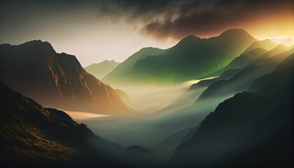 Majestic Sunset Skies Above Mountains Enveloped in Strong Fog
