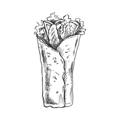 Hand-drawn sketch style burrito wrap with vegetables and meat  pieces isolated on white background. Fast food illustration. Vintage drawing. Element for the design of labels, packaging and postcards.