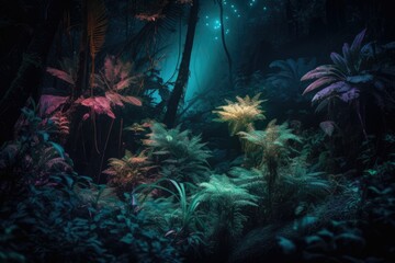 Fototapeta na wymiar Dense Forest Illuminated by Vibrant Colors: A Captivating Scene