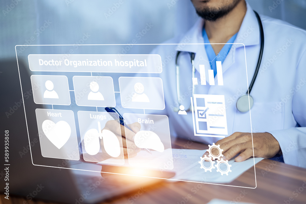 Poster doctor using technology document management on computer system management for cardiologist specialis