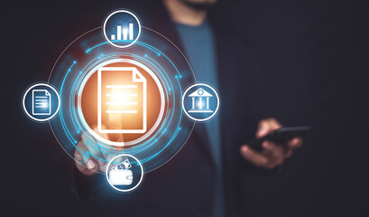 Documents management information system concept, Businessman using visual screen internet for Documents management information system and ERP program data directory in company, ERP document management © Suriyo